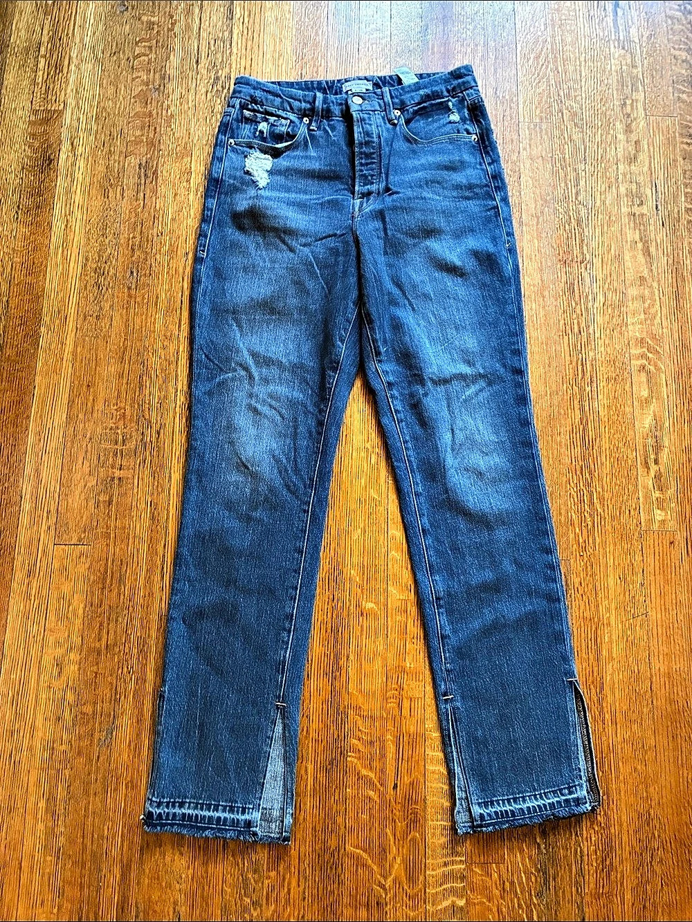 Good American Good Boy Split Hem High Waist Straight Leg Jeans Blue Waist 28